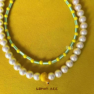 Lemon 卡通甜美可愛(ài)黃色小鴨瓢蟲(chóng)珍珠疊戴珍珠項(xiàng)鏈 韓國(guó)HELDER同款