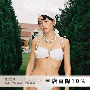 扶桑花紋串珠度假白色抹胸比基尼分體泳衣女 Jade系列 Lazy Daisy