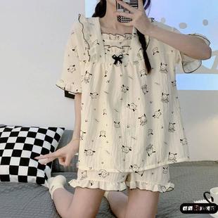 高級(jí)感可愛(ài)夏天套裝 睡衣女夏季 2025年新款 薄款 蝴蝶結(jié)梭織棉質(zhì)短袖