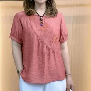 繡花媽媽裝 短袖 時尚 輕奢氣質小衫 寬松遮肚圓領上衣 t恤女2025夏季