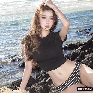 泳衣女新款 小胸比基尼性感分體顯瘦遮肉溫泉 復古簡約黑白條紋短袖