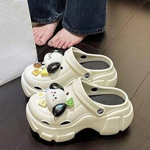 女款 網(wǎng)紅黑色涼鞋 2025新款 女夏外穿豆豆鞋 可愛(ài)小狗拖鞋 增高洞洞鞋