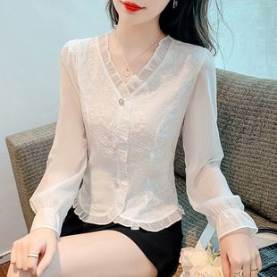 提花V領洋氣設計感氣質雪紡喇叭袖 襯衫 法式 新款 上衣潮 女2024秋裝