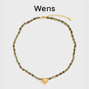 Wens紅綠寶石榴石愛心金色吊墜編繩串珠鎖骨項鏈度假 520禮物