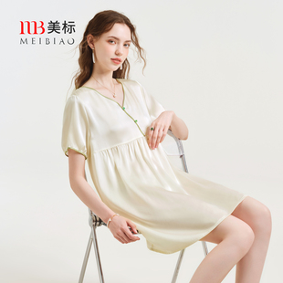 美標新款 真絲睡裙女夏100%桑蠶絲國風睡衣冰氧涼感絲綢家居服 短袖