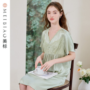 真絲睡裙女春夏蕾絲桑蠶絲睡衣重磅絲綢家居服 短袖 美標 玻尿酸