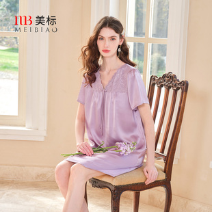 美標(biāo)短袖 家居服 真絲睡裙女夏100%桑蠶絲睡衣甜美絲綢蕾絲休閑時(shí)尚