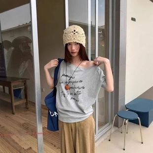 純欲灰色字母斜肩露肩短袖 百分百純棉螺紋 t恤女夏 優質做工