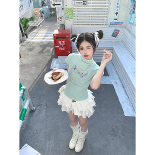 薄荷綠正肩短袖 顯瘦短款 t恤女夏季 甜辣修身 別致上衣 2025新款 美式