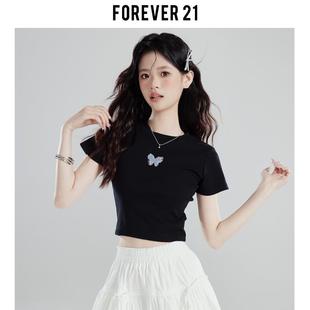 Forever21蝴蝶印花黑色甜辣小上衣女夏設計感修身 正肩T恤 辣妹短袖