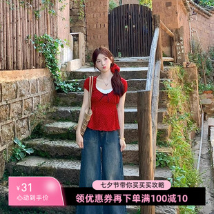 雪紡衫 大碼 短款 波浪邊短袖 顯瘦套頭 紅色波點上衣女夏2025新款
