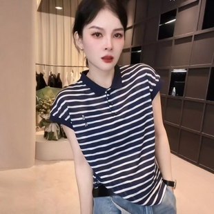 百搭小衫 夏季 T恤女士時尚 POLO領設計感條紋無袖 氣質(zhì)休閑上衣 新款