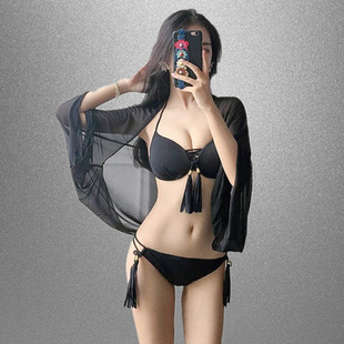 小胸聚攏鋼托分體遮肚 比基尼三件套 2025新款 泰國性感黑色泳衣女