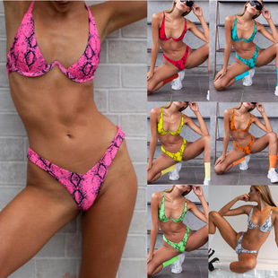 2025新款 外貿女士分體泳衣性感蛇皮印花比基尼鋼托聚攏bikini19C