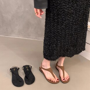 黑色百搭沙灘羅馬鞋 平底復古度假風夾腳涼鞋 夏季 子2025新款 仙女鞋