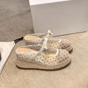 女涼拖 網紗麻繩坡跟蝴蝶結瑪麗珍包頭度假拖鞋 黛芙琳女裝 8cm厚底