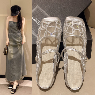 配瑪麗珍氣質涼鞋 女裙子網布跟包頭涼平底新款 拖鞋 亮片半拖鞋