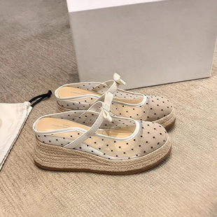8cm厚底 女夏 網紗麻繩坡跟蝴蝶結瑪麗珍包頭度假小個子增高拖鞋