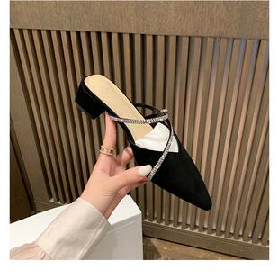 女繆勒外穿涼鞋 黛芙琳新款 鉆帶一腳蹬粗跟半拖鞋 優雅尖頭涼鞋 法式