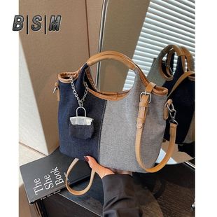 休閑大容量牛仔水桶包包女式 手提單肩包洋氣質感雙肩 新款
