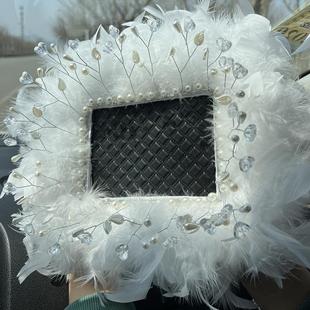 新款 飾創意儀表臺車內飾品 汽車羽毛擺件防滑墊長方形毛毛墊車載裝
