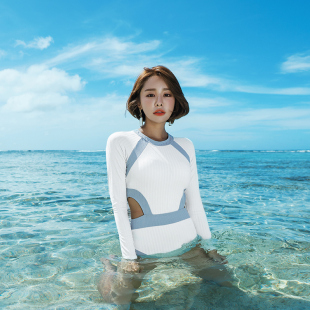 連體泳衣 防曬沙灘潛水沖浪水母服遮肚顯瘦保守T裙式 韓國(guó)新款 長(zhǎng)袖