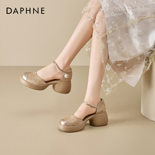 涼鞋 Daphne 達(dá)芙妮休閑百搭女舒適軟底復(fù)古風(fēng)粗跟圓頭一字帶時(shí)裝