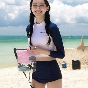 韓國保守防曬長袖 游n泳衣女高腰顯瘦遮肚分體兩件套三亞海邊沖浪