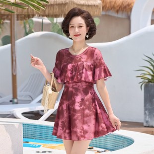 溫泉游泳裝 2024新款 中老年大碼 泳衣女分體保守遮肚顯瘦裙式 媽媽款