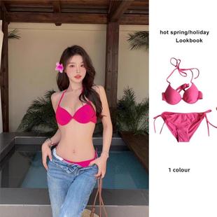 比基尼兩件套超顯白性感玫紅色分體度假風泳裝 ins泡溫泉海邊女生