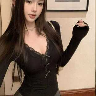 緊身顯瘦純欲甜辣長袖 辣妹蝴蝶結蕾絲花邊v領打底衫 T恤女秋季
