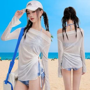 海邊沙灘度假溫泉泳裝 游泳衣女性感分體三件套遮肉顯瘦長袖 平角褲