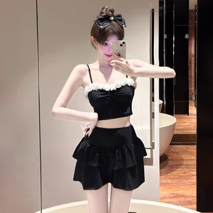泡溫泉游泳衣女 分體平角褲 新款 立體花朵高腰遮肚顯瘦露背綁帶裙式