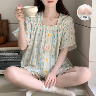 夏季 套裝 新款 短褲 小香風休閑家 帶胸墊睡衣女甜美條紋花邊短袖 新品