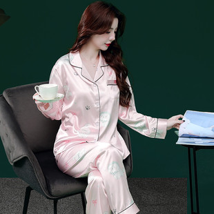 長(zhǎng)褲 夏天女士絲綢睡衣套裝 春秋季 新品 寬松冰絲女款 長(zhǎng)袖 大碼 家 薄款