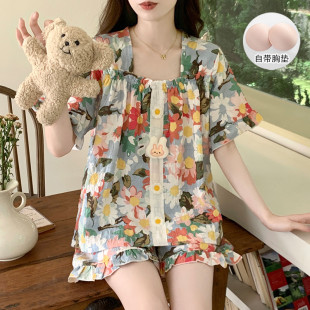 短褲 新品 短袖 帶胸墊睡衣女國風甜美花邊套裝 小香風休閑家 網紅夏季