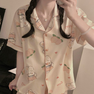 2025新款 套裝 睡衣女夏季 短褲 夏天可愛卡通兔子全棉家 純棉短袖 新品