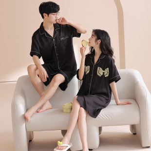 冰絲女蝴蝶結(jié)睡裙男大碼 新品 薄款 情侶睡衣夏季 家居服夏寬松 2套價