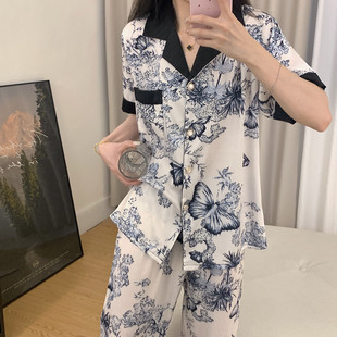 夏天薄款 新品 長褲 高級感短袖 甜美輕奢絲綢可外穿家 冰絲睡衣女夏季