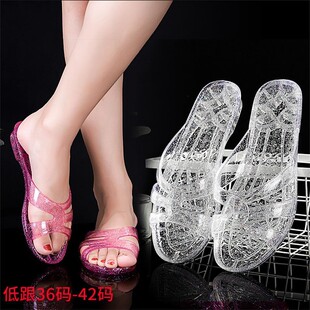 低跟塑膠拖鞋 家居室內用夏天坡跟輕便一體成型 女透明水晶優雅時尚