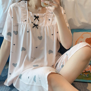 綿綢短袖 薄款 兩件套夏天家居服寬松2025新甜美 棉綢睡衣女夏季 新品