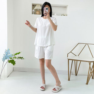 棉綢睡衣女夏季 短褲 新薄款 短袖 兩件套可外穿人造棉家 寬松大碼 新品