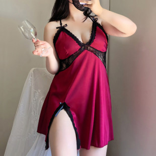 薄款 冰絲睡衣女夏季 胖mm性感開叉帶胸墊蕾絲鏤空火辣吊帶 大碼 新品