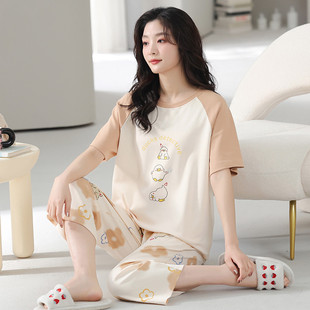夏季 七分褲 自帶胸墊一體短袖 大碼 家居服棉春秋可外穿 睡衣套裝 新品