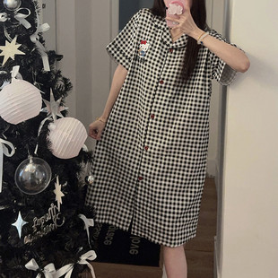可愛卡通格子凱蒂貓睡衣韓版 新品 短袖 純棉睡裙女夏季 寬松 2025新款