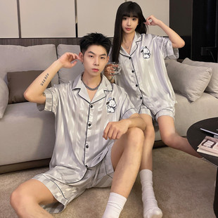 家居服套裝 新品 卡通可愛冰絲綢夏天青少年男士 夏季 可 情侶睡衣女款