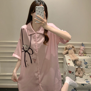 睡裙女冰絲夏季 開衫 短袖 襯衫 休閑家居服 新品 甜美可愛花邊薄款 新款