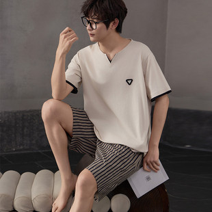 薄款 夏季 短袖 短褲 可 新品 莫代爾棉家居服夏天條紋套裝 純色睡衣男士