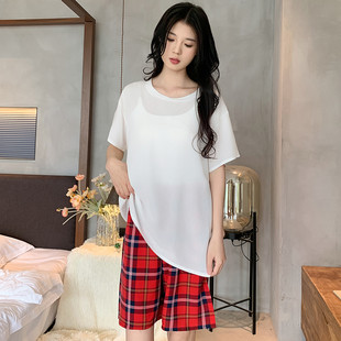 寬松大碼 新品 睡衣女棉綢套裝 短袖 簡約休閑人造綿綢家居服春夏 夏季