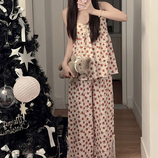 九分褲 新品 泡泡棉日系碎花夏天薄款 夏季 家居服 帶胸墊吊帶睡衣女款